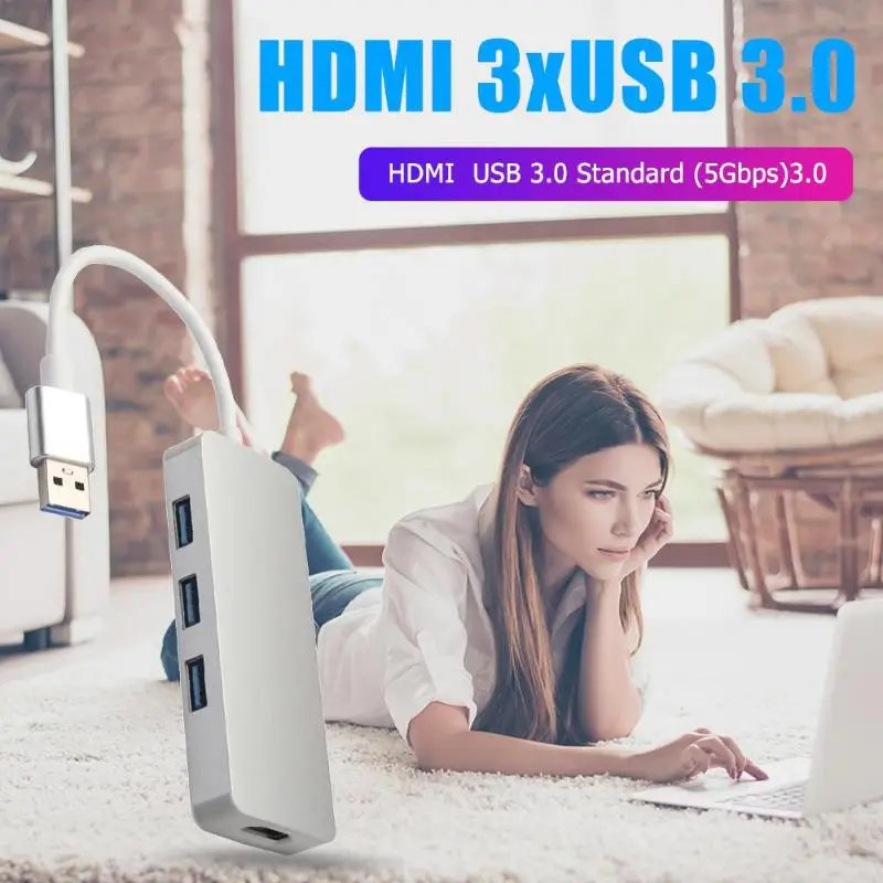 4 в 1 USB док-станция USB3.0 до 3 портов USB3.0 1080P HDMI видео адаптер алюминиевый конвертер сплавов для ПК ноутбука рабочего стола
