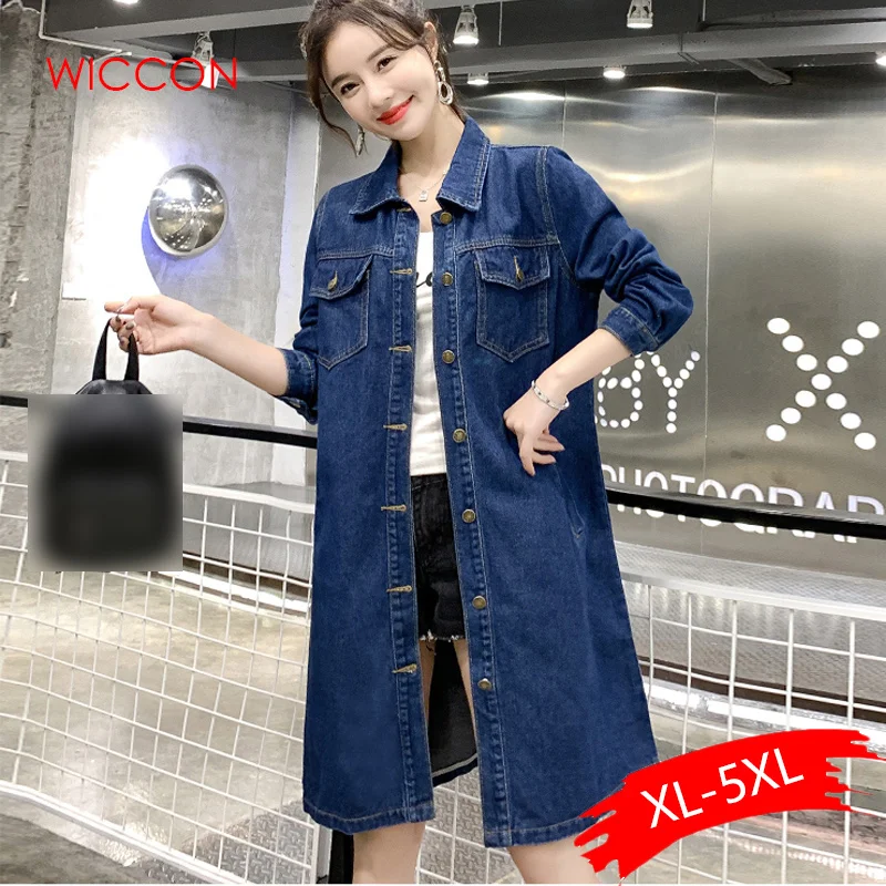 Koop 2020 Lente   Herfst Vrouwen Denim Jas Lange Mouw Lengte Denim Jas Voor Vrouwen Jeans Jas Plus Size Uitloper Grote size