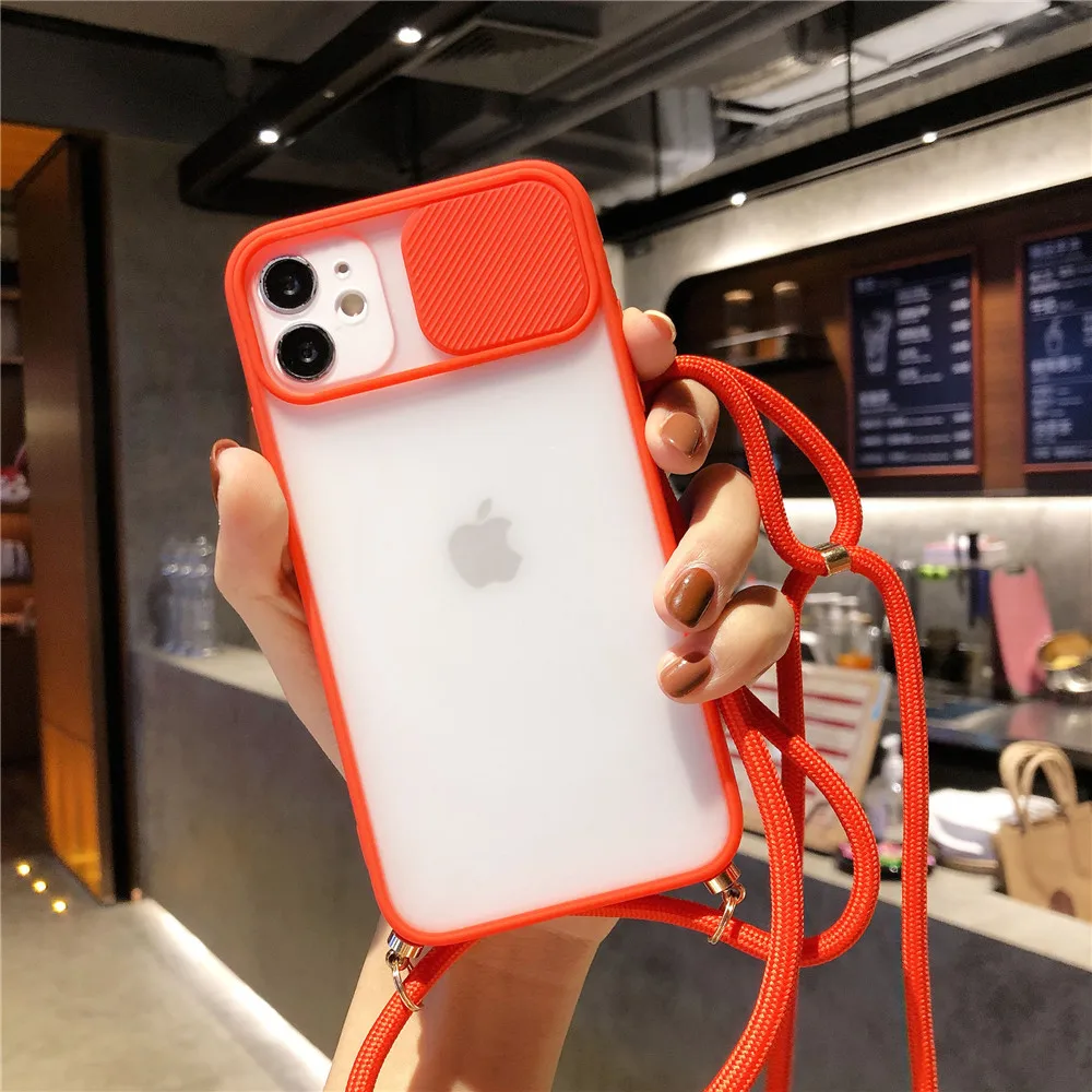 Camera Lens Protection Candy Color Phone Case  For iPhone 13 12 11 Pro X XR XS Max SE2 7 8 Plus Necklace With Rope Lanyard Cover best iphone se case