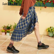Samstree синяя клетчатая юбка с рюшами на подоле, Женская юбка с графикой, осень, опрятная Асимметричная британская Повседневная Офисная Женская юбка