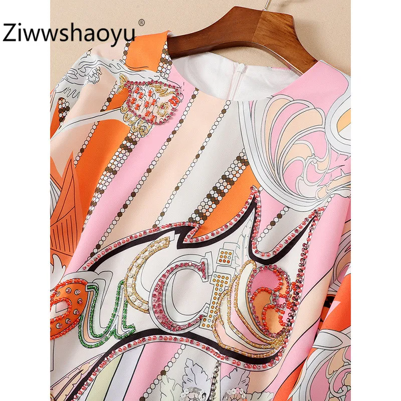 Ziwwshaoyu New Autumn Geometric Print Loose Dress Women's Fashion Half Sleeve Crystal Beading luxury Dresses