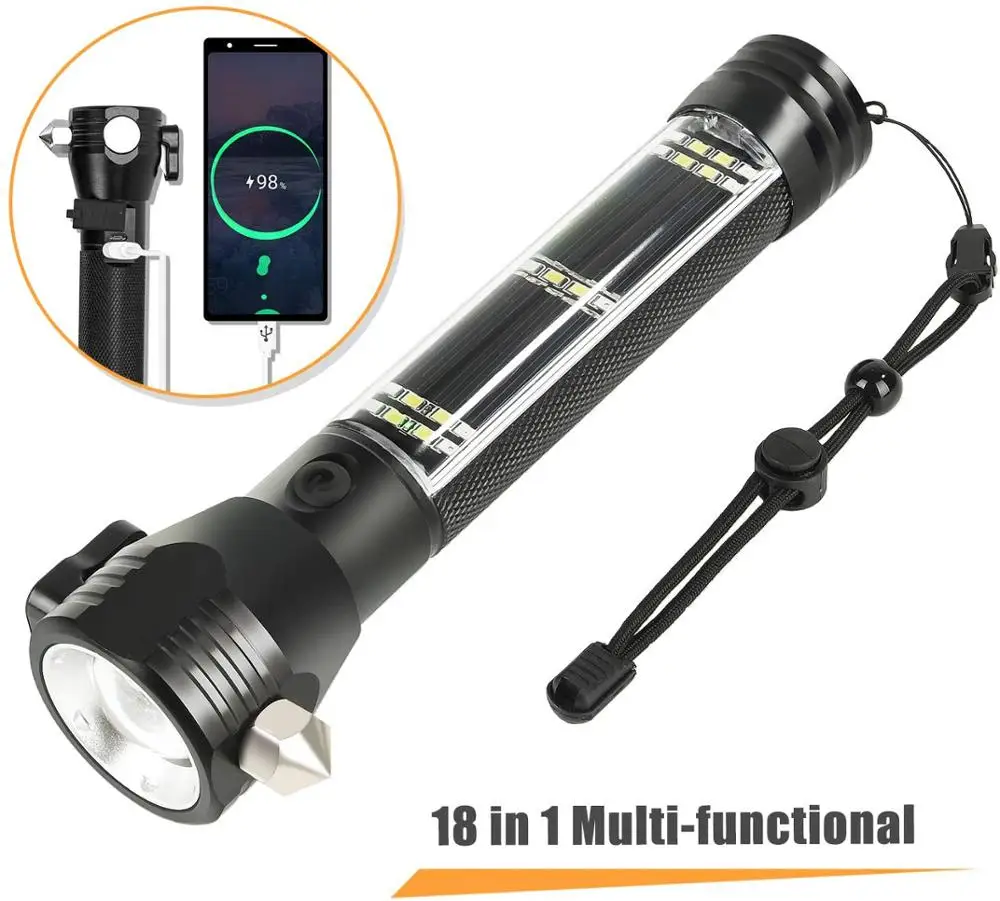 

20000LM T6 Solar LED Flashlight COB Sidelight Torch with Window Breaker Seat Belt Cutter Compass USB Recharge Flash Lamp Latern