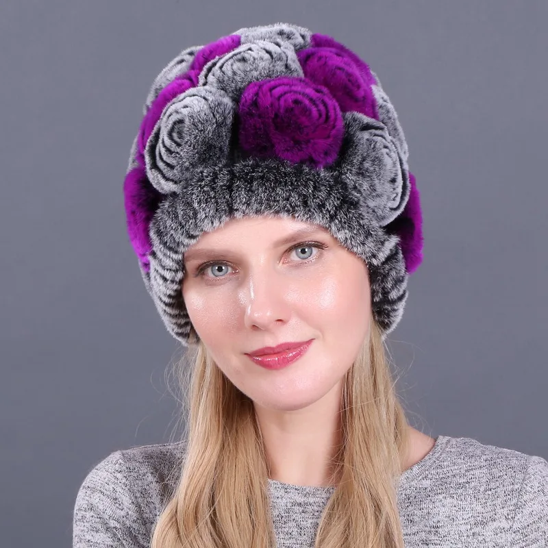 Новинка, женская шапка Skullies, настоящий мех кролика, зимняя шапка с цветочным рисунком, шапка из кроличьего меха Рекс, шапка для девочек с цветами и кроличьим мехом s - Цвет: color28