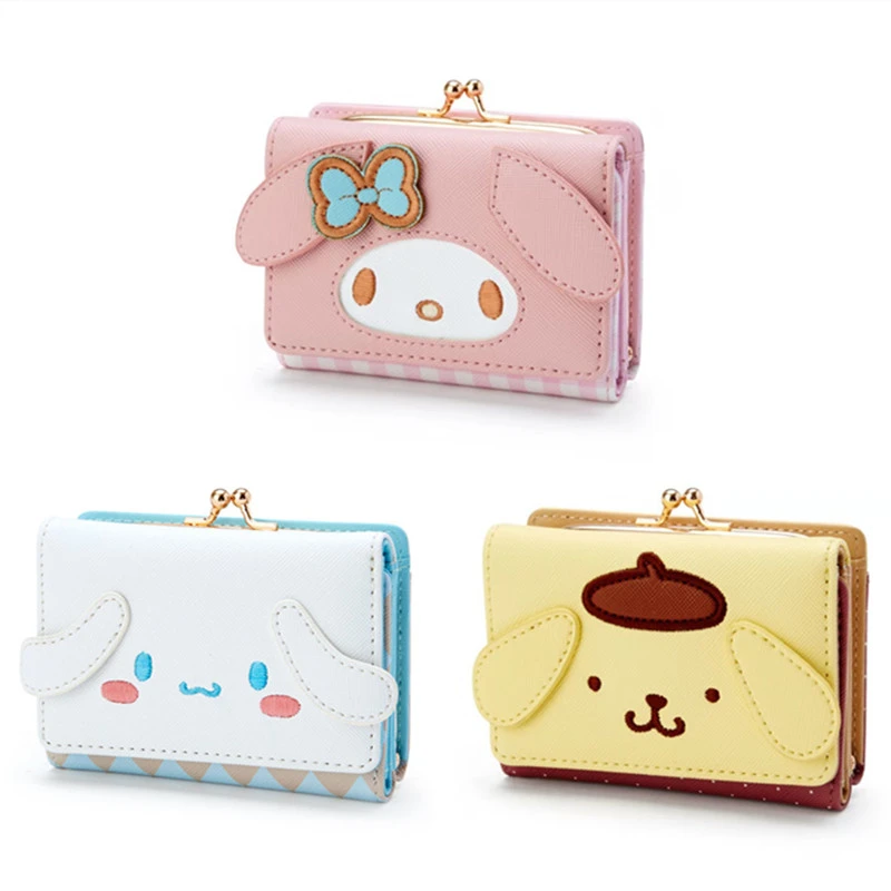 Cartera pequeña Kawaii para mujer, monedero pequeño con cara de gato y perro, monedero rojo a cuadros, de cuero de Anime triple, monedero con Clip|Carteras| -