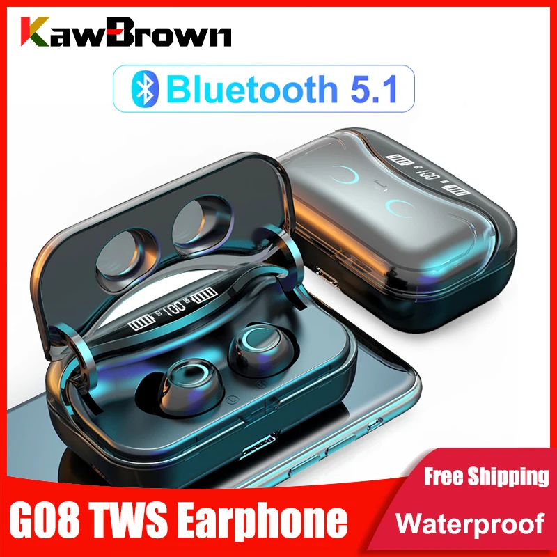 

Kawbrown G08 Bluetooth 5.1 Earphone Touch Control Wireless Headphons HiFi IPX7 Waterproof Earbuds Headset with LED Display Charg