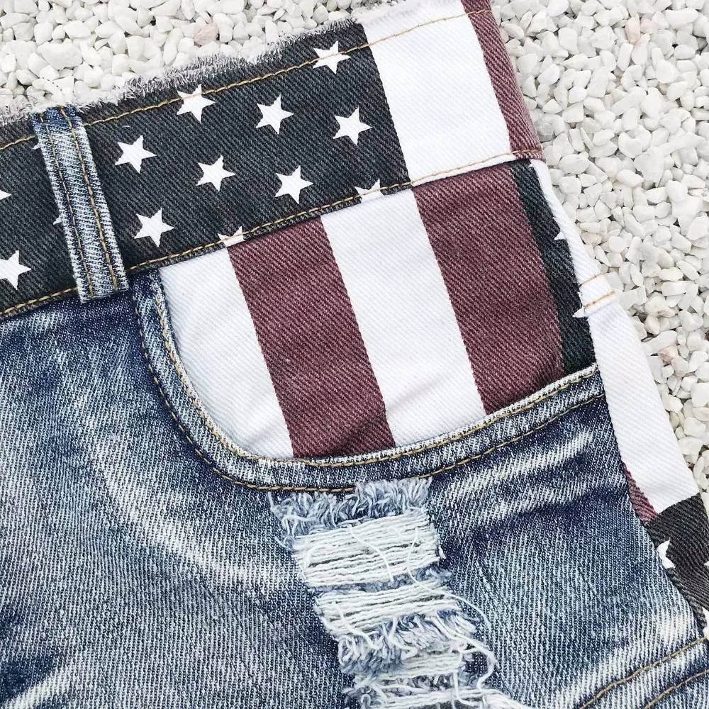 New 2020 Sexy Women's High Waist Hole Daisy Duke Ripped Denim Shorts American Flag Printed Denim Thong Shorts