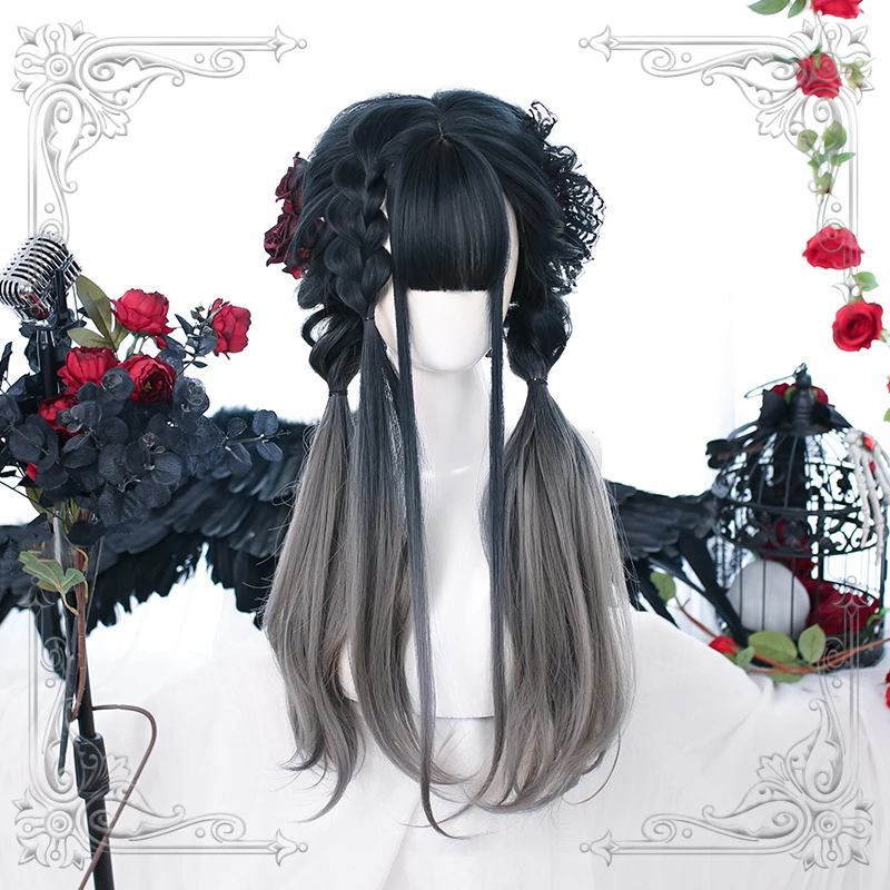 Постепенный черный темно-серый Kawaii Лолита парик Harajuku длинные прямые волосы для