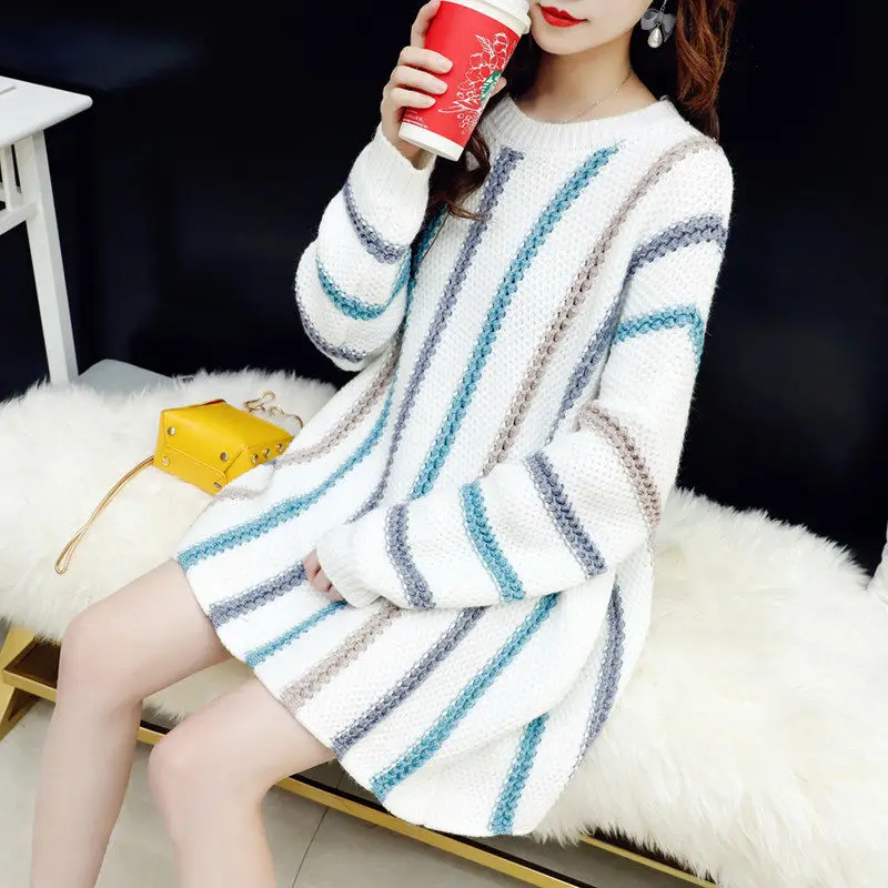 Пуловер свитер Женская Осень 2021 новый длинный рукав Сладкий Полосатый толстый