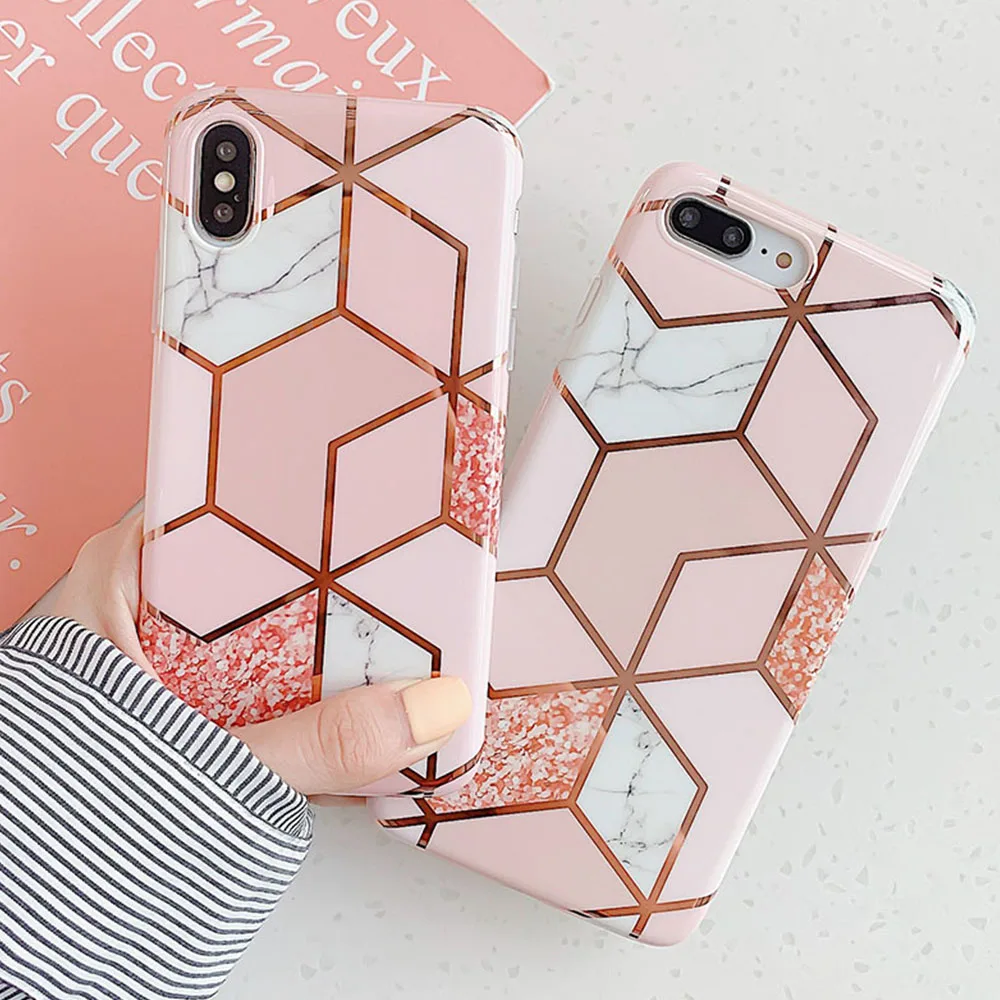 Гальванические геометрические мраморные чехлы для телефонов iPhone 7 8 Plus XR XS MAX X 11 Pro