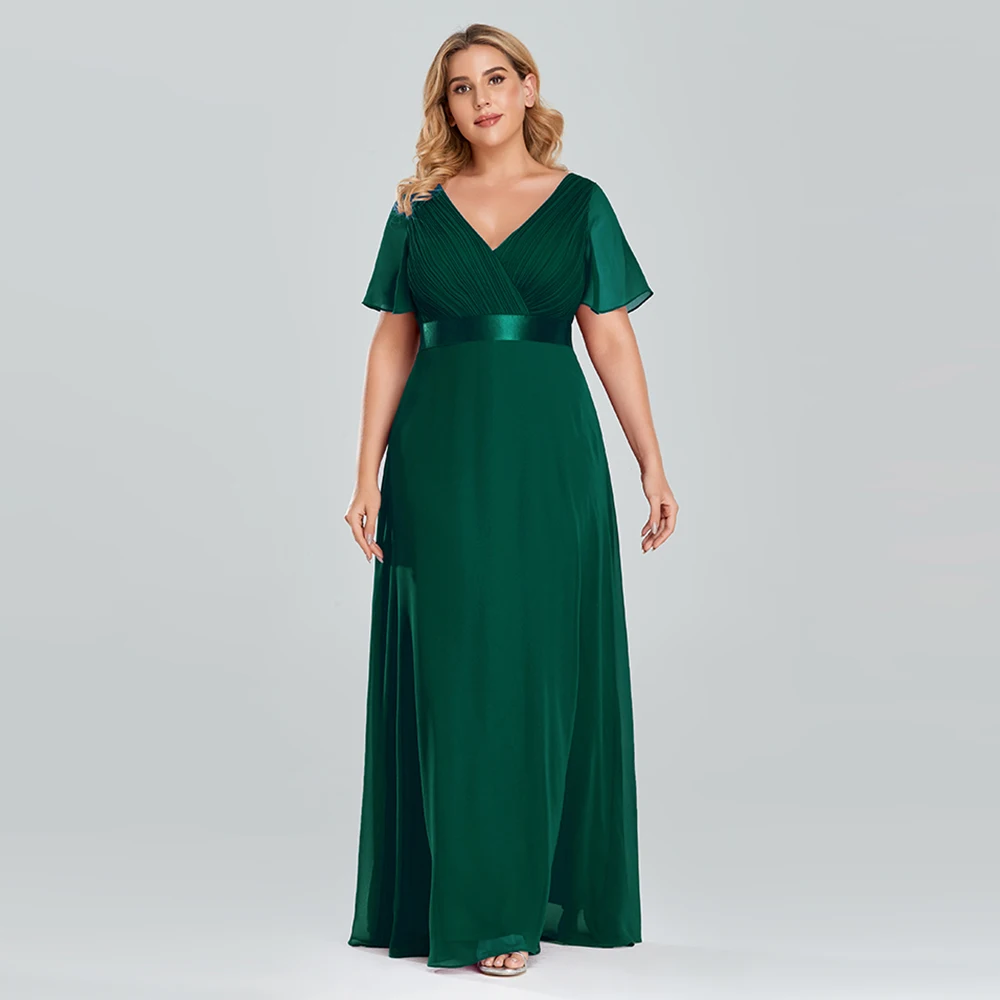 Plus Size Evening Dresses Long XUCTHHC Elegant A Line V Neck Ruffles Chiffon Formal Wedding Party Dress Robe De Soiree 2021