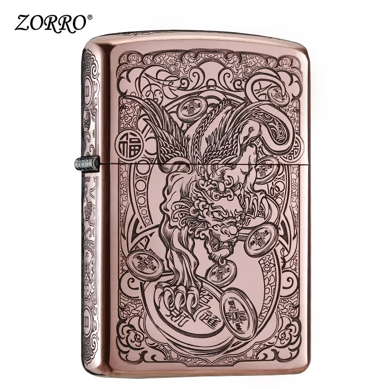 

Zorro kerosene lighter wind proof red copper five side deep carving Zhaocai Chen creative lighter men's gift to boyfriend