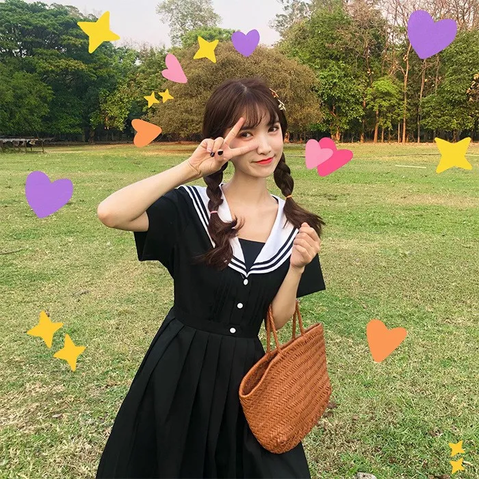 

Japanese Mori Girl Summer Black Pleated Dress Sailor Collar Casual Loose Preppy Dress