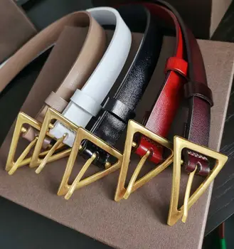

Female leather belt 2020 luxury designer ladies black triangle copper gold buckle ins style belts cinturon mujer brown red 110