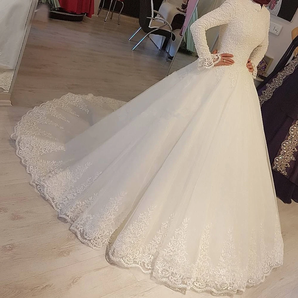 2022 White Arabic Muslim Wedding Dresses Princess High Neck Long Sleeves Lace Appliques Bridal Dresses Robe De Mariage dresses for wedding