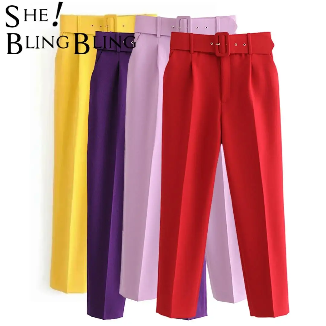 SheBlingBling-Pantalones con cinturón para mujer, pantalón de oficina, cintura alta, rectos, rojo, elegantes, informales, tobilleros, 2021