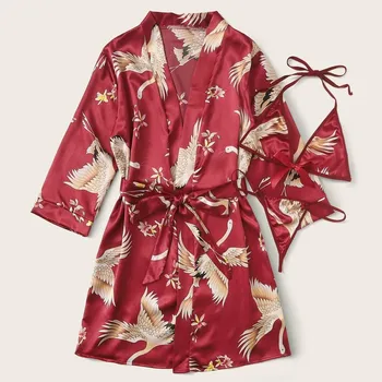 

3PCS Satin Sleepwear Lady Pajamas Suit Nighty&Robe Suit Sexy Intimate Lingerie Robes Underwear Sleepwear Homewear Nightgown