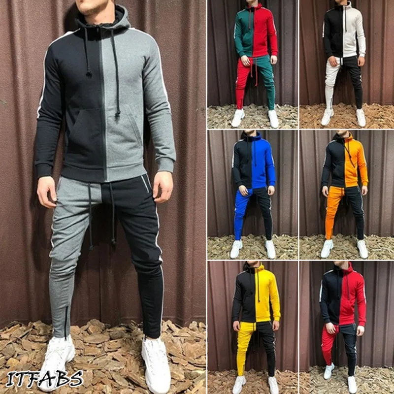 

Mens Tracksuit Set Hoodie Top & Bottoms Jogger Gym Plain Zip Pockets Slim Fit UK