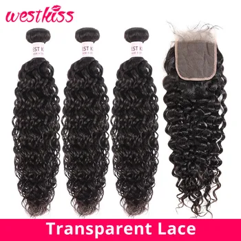 

3 Water Wave Bundles With Closure 6x6 Pre Plucked Human Hair Transparent Lace Closure Brazilian Hair Weave Bundle West Kiss Remy
