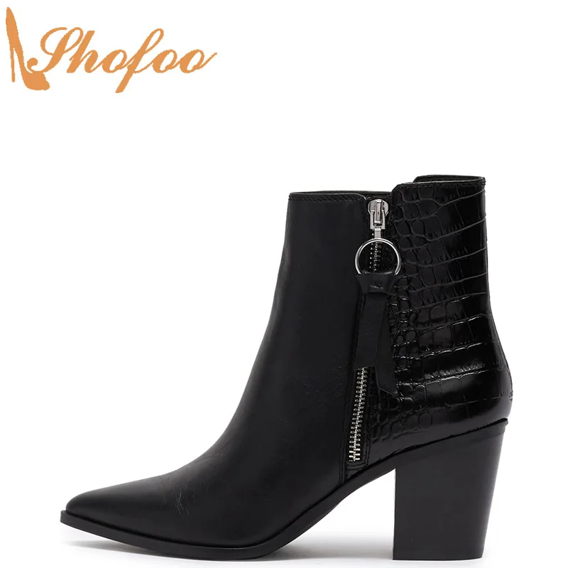 

Black Crocodile Embossed Ankle Boots Woman High Chunky Heels Pointed Toe Zip Booties Laege Size 12 16 Ladies Mature Shoes Shofoo