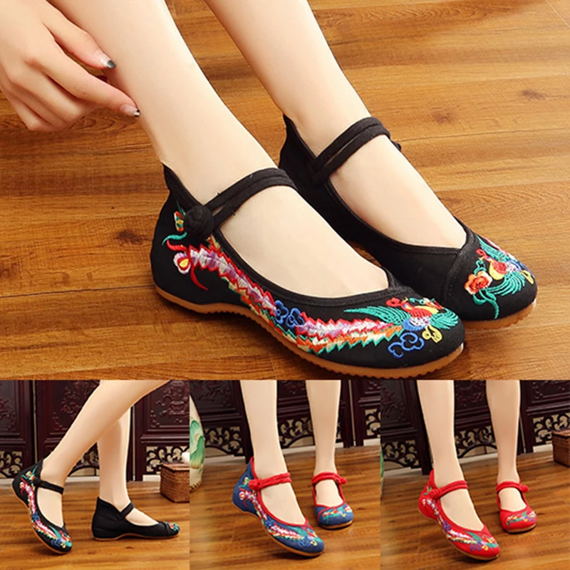 Chinese Womens Embroider Flower Flat Heels Ankle Strap Canvas Causal Shoes 