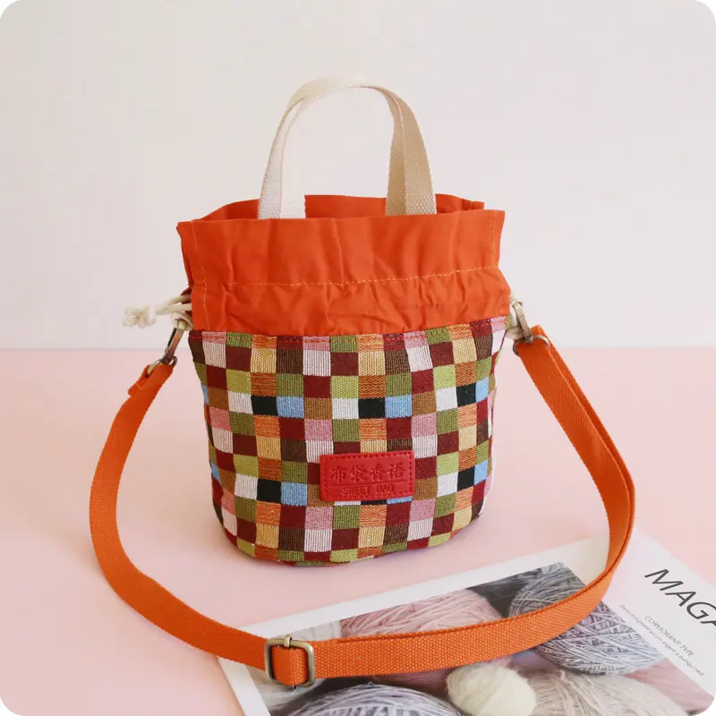 

New Style Plaid Sweet Hipster Drawstring Top Shoulder Bag Girl'S Fabric Bucket Bag Summer bai da xiao Cloth Bag