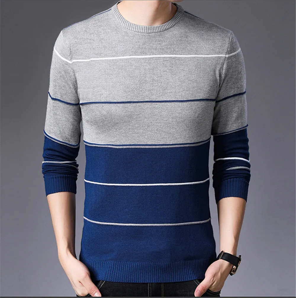 

Mens Sweater 2019 Fashion Pullovers Autumn Winter Warm Sweater Men Striped Slim Fit Knitted Woolen Sweater Male Casual Clothes