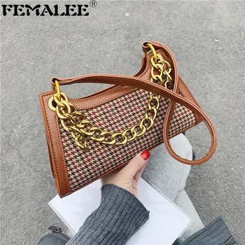

Panelled Big Chains 2020 Trendy PU Leather Women Baguette France Style Handbag Lady Twill Plaid Purse Shoulder Bag Sac A Main