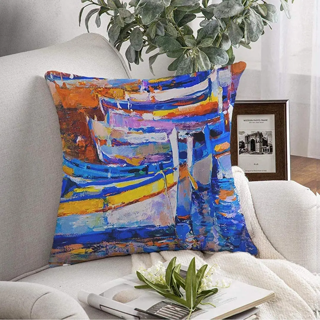 Throw Pillow Pillowcase Blue Artist Original Oil Painting On Canvasred Boats Abstract Nature Green Artistic Cover | Дом и сад