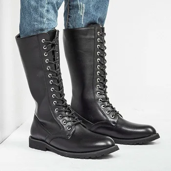 

She ERA Men's Long Boots Pointed Metal Strap High Tube England Korean Martin Boots Fashion Casual Shoes Military Boots Men