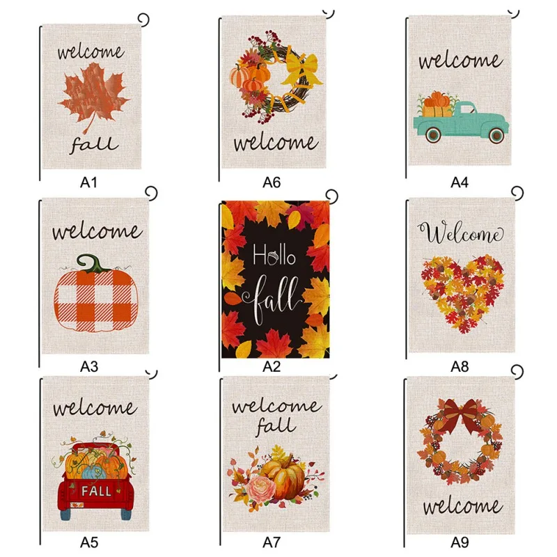 

Welcome Fall Pumpkin Maple Leaves Garden Flag Double Sided Decorative Hanging Linen Banner For Outdoor Yard Lawn Patio Porch Far