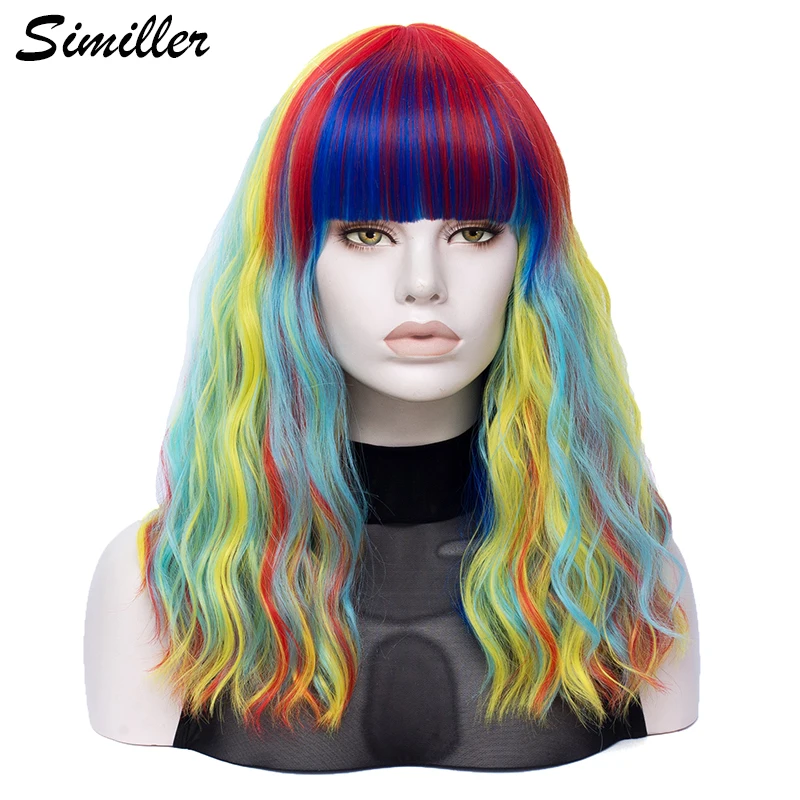 Similler женский длинный синтетический парик для косплея смешанные цвета радужные парики с тупой бахромой высокотемпературное волокно