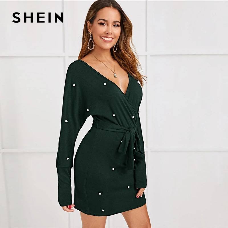 Preise SHEIN Schwarz Tiefem v ausschnitt Perlen Perlen Belted Elegante Kleid Frauen 2019 Herbst Hohe Taille Batwing Hülse Wrap Bodycon Kleider