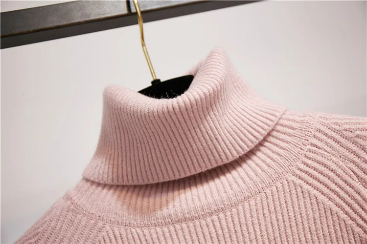 Розовый вязаный Повседневный свитер с длинным рукавом и высоким воротником, женские модные свитера, свободные топы+ осенне-зимние шерстяные комплекты с юбкой с высокой талией