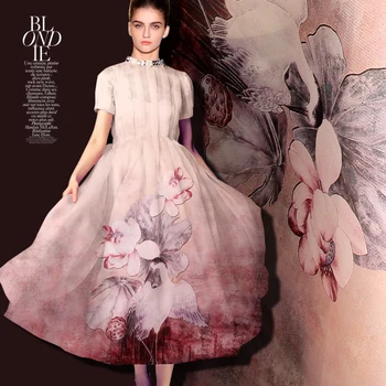 

PRINT SILK ORGANZA SATIN FABRIC 140cm width 12momme 100% Natural Silk Positioning Printing MOQ 1.4M Pink Color