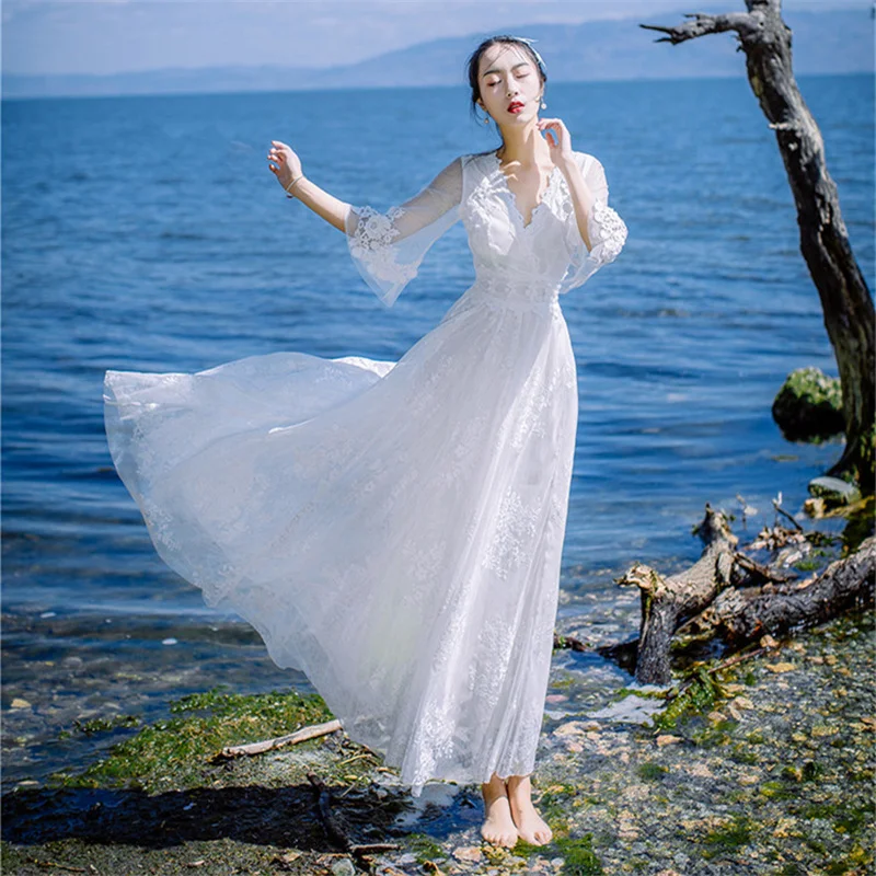 

Women White Hollow Out Lace Maxi Dress Summer Bohemian Style Deep V Neck Long Sleeve Beach Long Dresses Vestidos