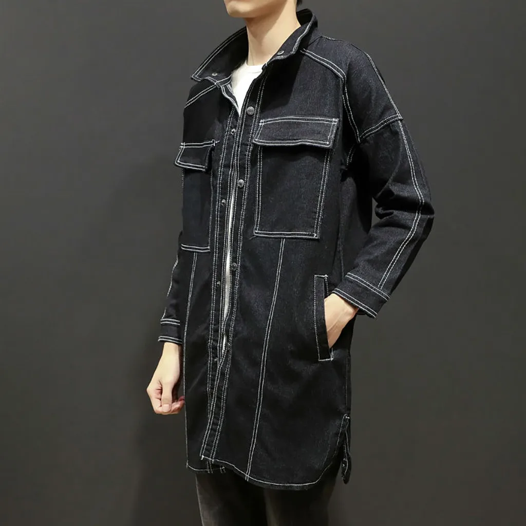 Прямая поставка Мужская Осенняя Новая Мода Тренд чистый цвет пальто джинсовая