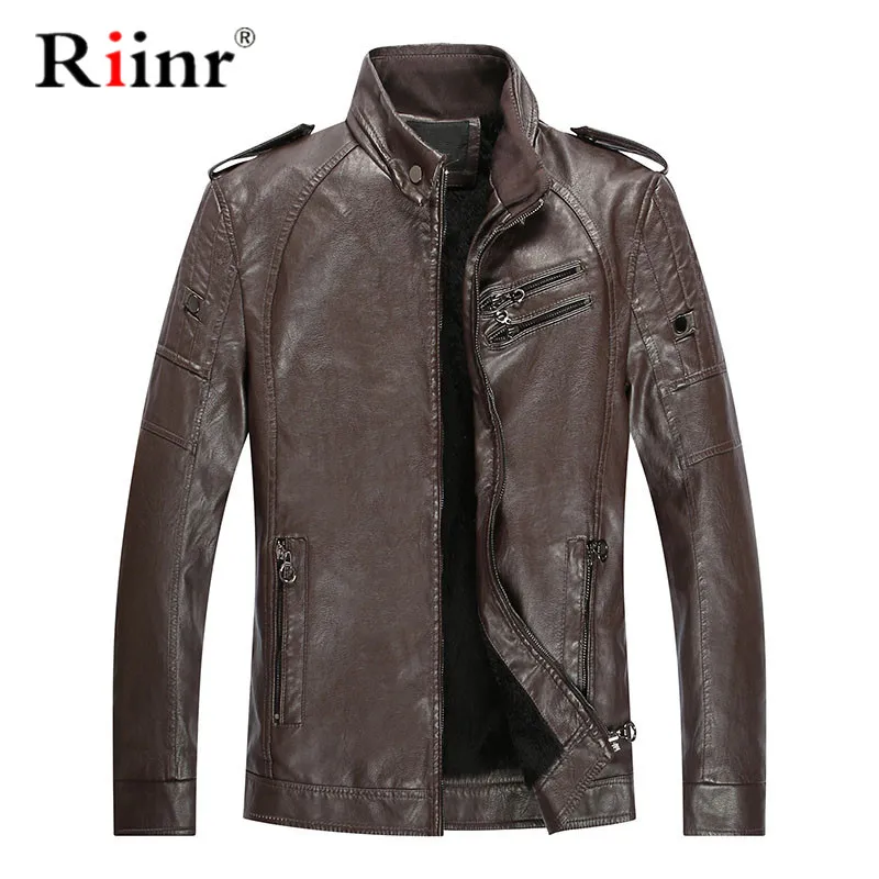 

Riinr Men's Leather Jacket 2019 Winter Slim Fashion Mens Solid PU Jackets Brand Clothing Male Stand Motorcycle Jacket