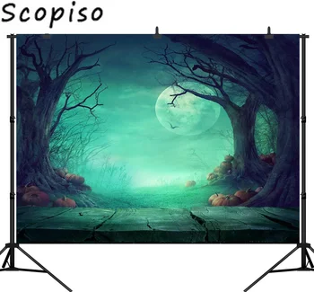 

Scopiso Photography Backdrops Halloween Wood Floor Photo Backdrop Moon Ghost Tree Pumpkin Wood Floor Halloween Background