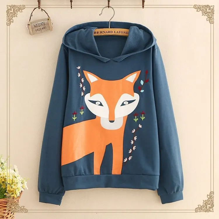 Kawaii Толстовки Животные из мультфильмов лиса Вышивка Пуловеры в цветочек японский стиль харакуку Толстовка с длинным рукавом милые топы пальто с капюшоном