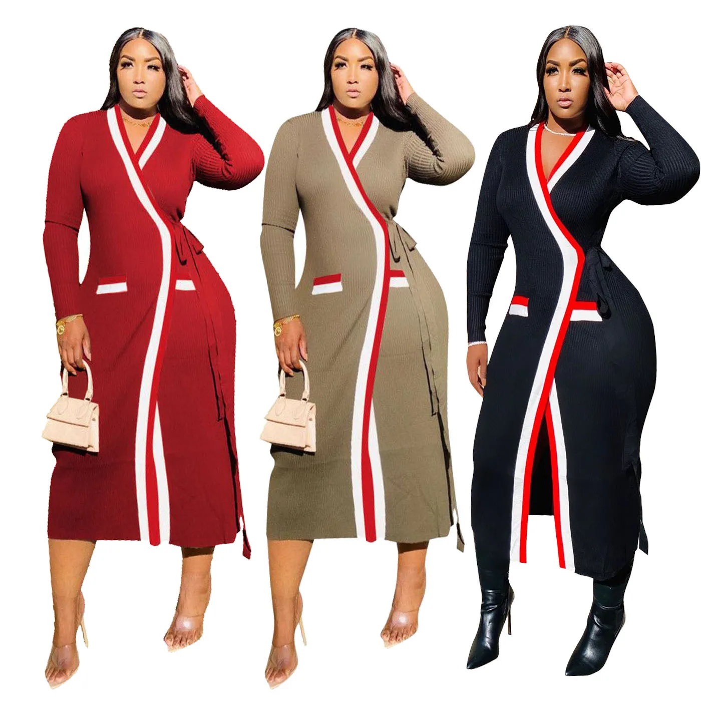 

Stripe Solid Color Long Sleeve Stand Collar High Waist Lace Up Slim Rib Knitting Coat Women Winter Warm Jacket