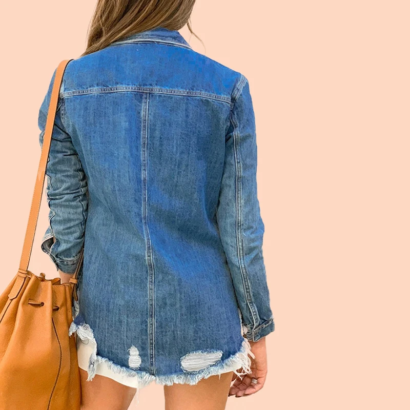 Most effective Women Denim Jacket Casual Long Sleeve Jeans Coat Mujer Turn-down Collar Hole Single-breaste Slim Po