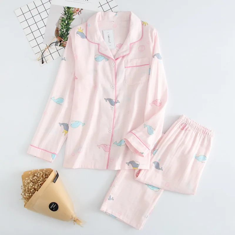 Домашний пижамный комплект с длинными рукавами для женщин, хлопковое газовое милое ночное белье с принтом, женские японские пижамы из 2 предметов, большие размеры