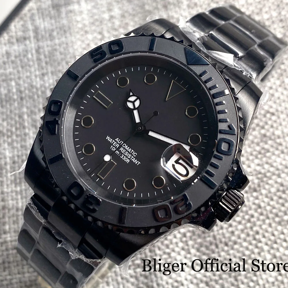 BLIGER 10ATM Waterproof NH35 PT5000 Automatic Watch For Men Black PVD Case Ceramic Insert Stainless Steel Strap Glide Lock
