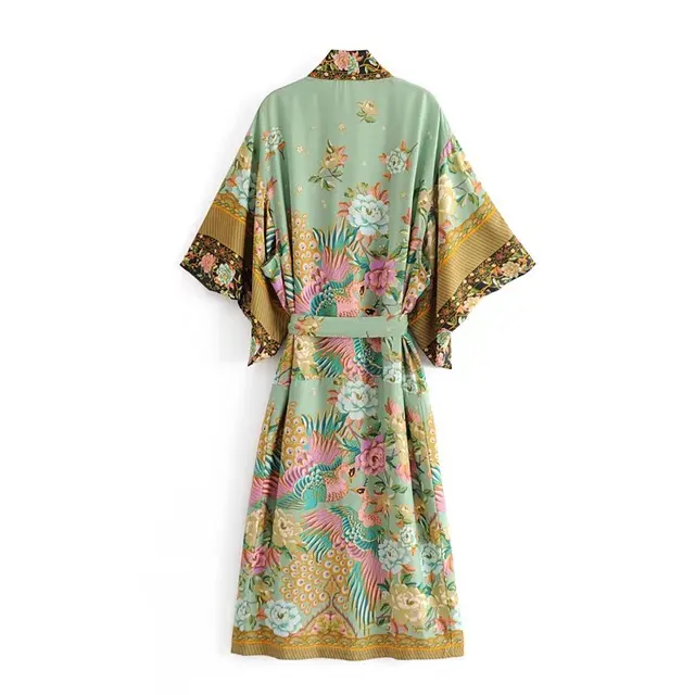 Boho  women peacock floral print bat sleeve beach Bohemian Kimono robe Ladies V neck Tassel Summer happie dress vestidos 2