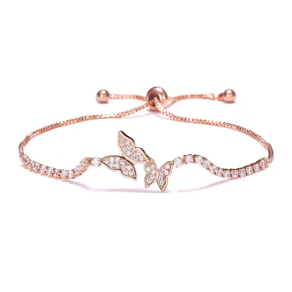 BR18Y0692 Rinhoo 1 шт. розовый, золотистый, медный крест-бабочка с двойным сердцем, браслет из циркона для женщин, модные украшения, подарок - Окраска металла: BR18Y0692