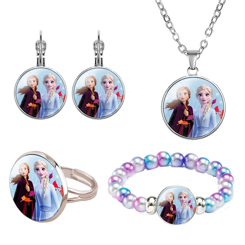 4 шт Дисней замороженные 2 Aishana подарок на день рождения сплав стекло ребенок девочка кольцо ожерелье браслет серьги вечерние Подарочные ювелирные изделия - Цвет: 4pcs