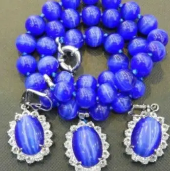 

Sapphire Blue Mexican Opal Round Beads Gems Pendant Necklace Earring Set 18"