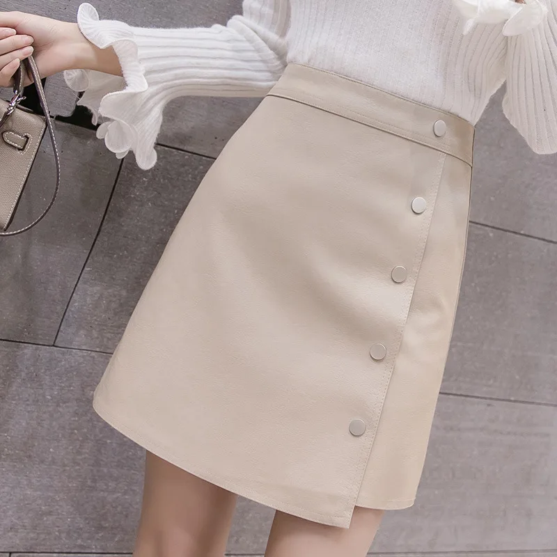 LYZCR, зимняя женская юбка из искусственной кожи, Женская мини-юбка на пуговицах для офиса, женская сексуальная юбка из искусственной кожи, Женская посылка - Цвет: Apricot