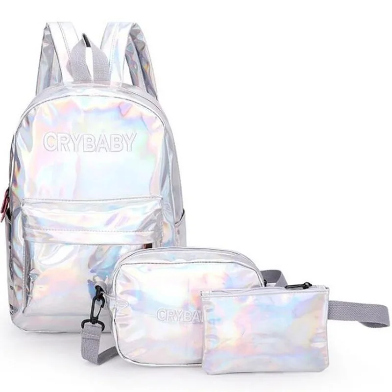 

2020 Holographic Laser Backpack Embroidered Crybaby Letter Hologram Backpack set School Bag +shoulder bag +penbag