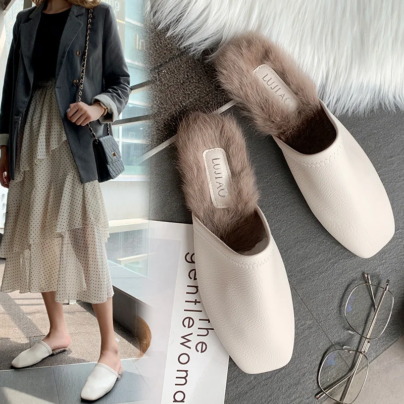 

Women's Slippers 2019 Luxury Slides Cover Toe Shoes Low Pokemon Plush Butterfly-knot New Designer Soft Fur Flat Rubber